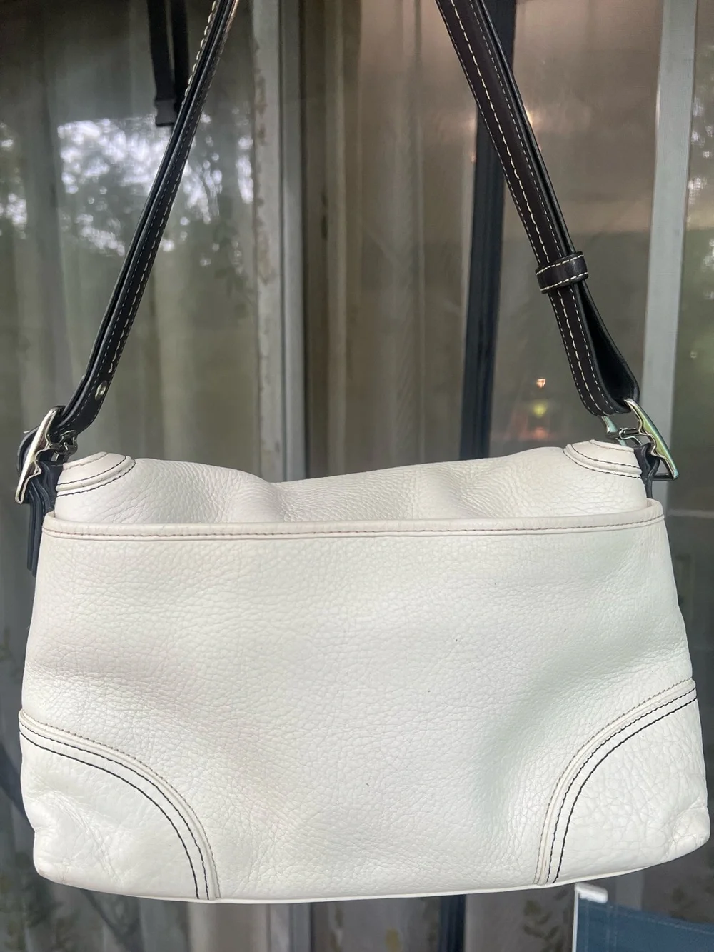 White Leather Shoulder Bag with Brown Strap